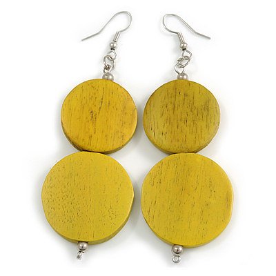 Long Antique Yellow Painted Double Round Wood Bead Drop Earrings - 8cm L - main view