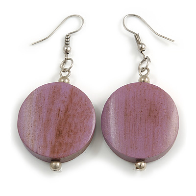 Antique Lilac Purple Painted Wood Coin Drop Earrings - 55mm L - main view