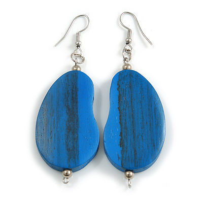 Lucky Beans Blue Painted Wooden Drop Earrings - 65mm Long - main view
