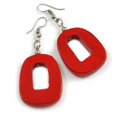 Red Painted Wood O-Shape Drop Earrings - 55mm L - main view