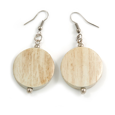 White Washed Wood Coin Drop Earrings - 55mm L - main view