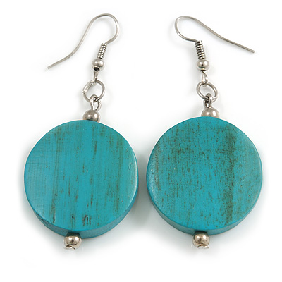 Teal Washed Wood Coin Drop Earrings - 55mm L