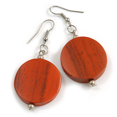 Antique Orange Painted Wood Coin Drop Earrings - 55mm L - main view