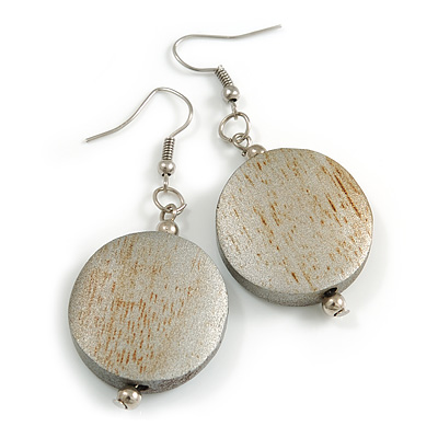 Antique Silver Painted Wood Coin Drop Earrings - 55mm L - main view