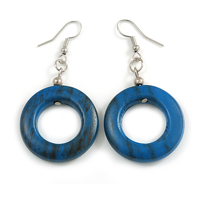 Donut Shape Blue Painted Wood Drop Earrings - 55mm Long - main view