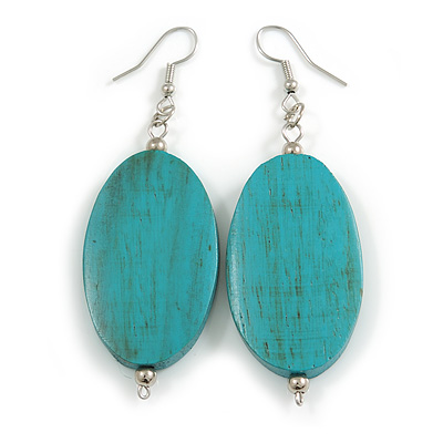 Antique Turquoise Wood Oval Drop Earrings - 70mm L