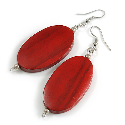 Maroon Red Painted Wood Oval Drop Earrings - 70mm L - main view