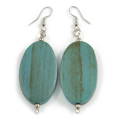Teal Washed Wood Oval Drop Earrings - 70mm L - main view