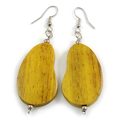 Lucky Beans Antique Yellow Painted Wooden Drop Earrings - 65mm Long