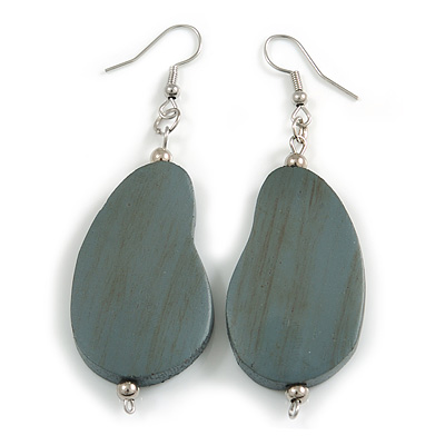 Lucky Beans Grey Painted Wooden Drop Earrings - 65mm Long