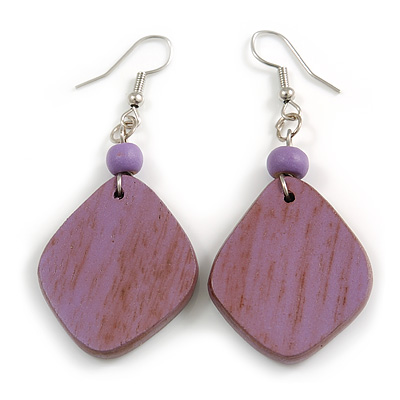 Diamond Shape Antique Lilac Purple Painted Wood Drop Earrings - 60mm L - main view