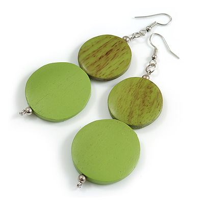 Long Lime Green Painted Double Round Wood Bead Drop Earrings - 8cm L - main view