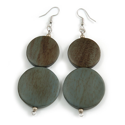 Long Antique Grey Painted Double Round Wood Bead Drop Earrings - 8cm L - main view