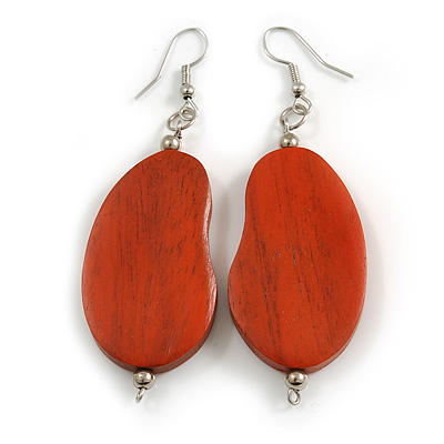 Lucky Beans Antique Orange Painted Wooden Drop Earrings - 65mm Long - main view