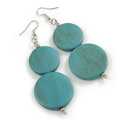 Long Turquoise Washed Double Round Wood Bead Drop Earrings - 8cm L