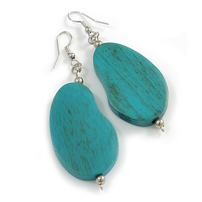 Lucky Beans Teal Painted Wooden Drop Earrings - 65mm Long - main view
