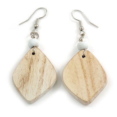 Diamond Shape White Washed Wood Drop Earrings - 60mm L