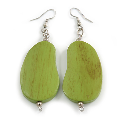 Lucky Beans Lime Green Painted Wooden Drop Earrings - 65mm Long - main view
