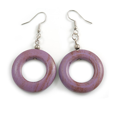 Donut Shape Lilac Purple Washed Wood Drop Earrings - 55mm Long - main view
