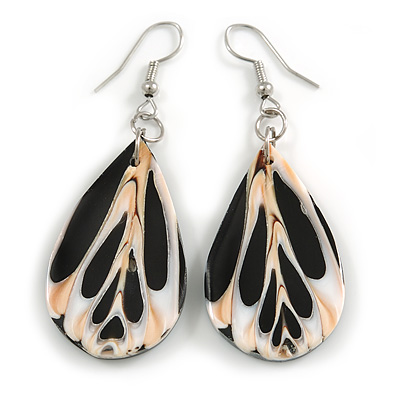 60mm L/Black/White/Cream Teardrop Shape Sea Shell Earrings/Handmade/ Slight Variation In Colour/Natural Irregularities