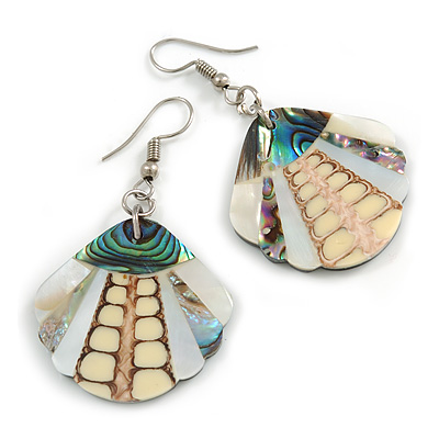 55mm L/Natural/White/Beige/Abalone Shell Shape Sea Shell Earrings/Handmade/ Slight Variation In Colour/Natural Irregularities - main view