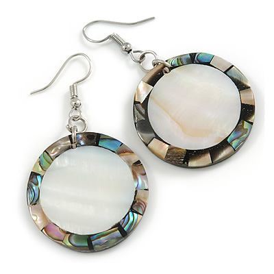 50mm L/Silver/Grey/Abalone Round Shape Sea Shell Earrings/Handmade/ Slight Variation In Colour/Natural Irregularities - main view