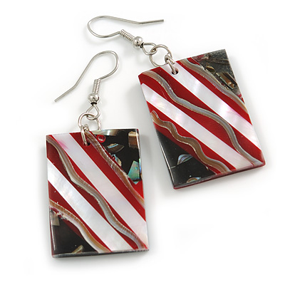 50mm L/Red/Black/White Square Shape Sea Shell Earrings/Handmade/ Slight Variation In Colour/Natural Irregularities - main view