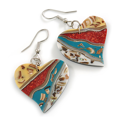 50mm L/Multicoloured Heart Shape Sea Shell Earrings/Handmade/ Slight Variation In Colour/Natural Irregularities