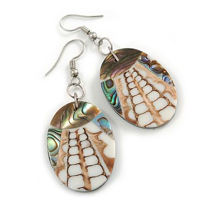 55mm L/Natural/White/Abalone Oval Shape Sea Shell Earrings/Handmade/ Slight Variation In Colour/Natural Irregularities - main view