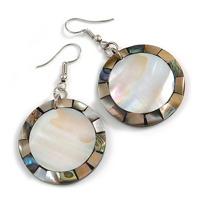 50mm L/Silvery/Natural/Abalone Round Shape Sea Shell Earrings/Handmade/ Slight Variation In Colour/Natural Irregularities - main view