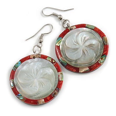 50mm L/Red/Grey/Abalone Flower Motif Round Shape Sea Shell Earrings/Handmade/ Slight Variation In Colour/Natural Irregularities - main view
