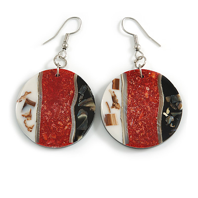 50mm L/Black/Red/White Round Shape Sea Shell Earrings/Handmade/ Slight Variation In Colour/Natural Irregularities - main view