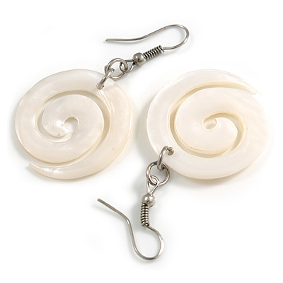 50mm L/Milky White Spiral Shape Sea Shell Earrings/Handmade/ Slight Variation In Colour/Natural Irregularities - main view