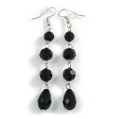 Long Black Faceted Glass Bead Drop Earrings In Silver Tone - 8cm L - main view