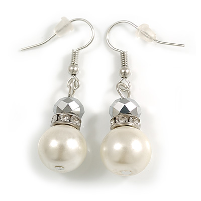 White Glass Pearl/ Hematite Bead with Crystal Ring Drop Earrings in Silver Tone/ 40mm L - main view