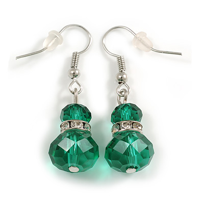 Green Double Glass with Crystal Ring Drop Earrings In Silver Tone - 40mm L