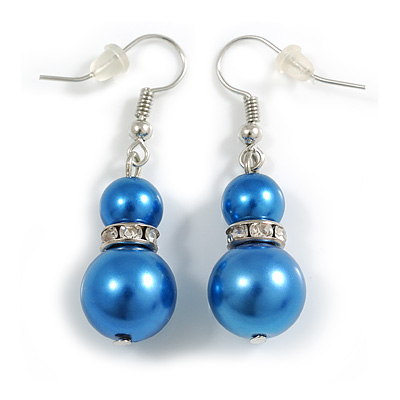 Blue Glass Pearl Bead with Crystal Ring Drop Earrings in Silver Tone/ 40mm L
