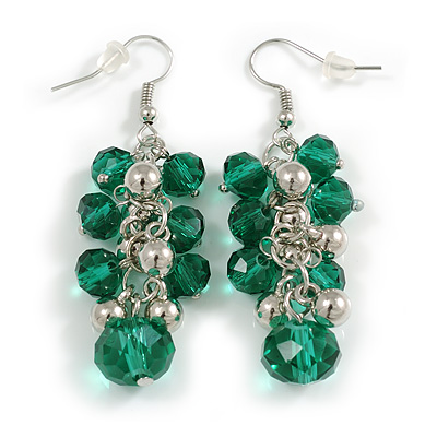 Green Glass and Silver Metal Bead Drop Earrings In Silver Tone - 55mm L - main view