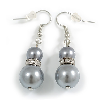 Grey Glass Pearl Bead with Crystal Ring Drop Earrings in Silver Tone/ 40mm L - main view