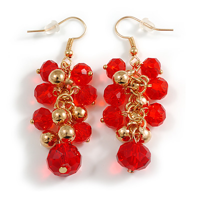 Red Glass and Gold Metal Bead Drop Earrings In Gold Tone - 55mm L