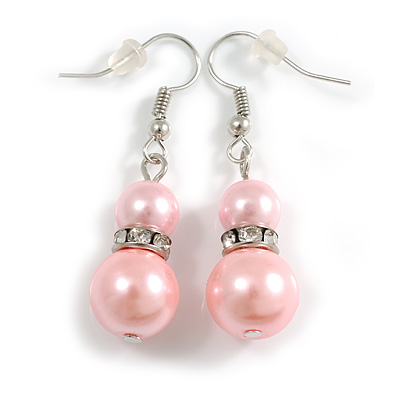 Light Pink Glass Pearl Bead with Crystal Ring Drop Earrings in Silver Tone/ 40mm L - main view