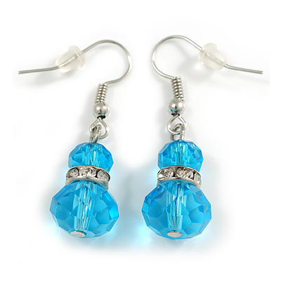 Sky Blue Double Glass with Crystal Ring Drop Earrings In Silver Tone - 40mm L - main view