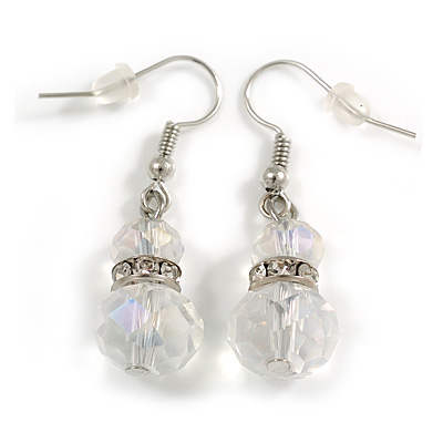 Transparent Double Glass with Crystal Ring Drop Earrings In Silver Tone - 40mm L - main view