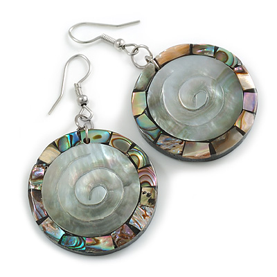 50mm L/Grey/Abalone Round Shape Sea Shell Earrings/Handmade/ Slight Variation In Colour/Natural Irregularities - main view