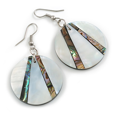 50mm L/Silver/Natural/Abalone Round Shape Sea Shell Earrings/Handmade/ Slight Variation In Colour/Natural Irregularities - main view