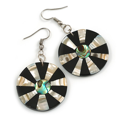 50mm L/Black/Natural/Abalone Round Shape Sea Shell Earrings/Handmade/ Slight Variation In Colour/Natural Irregularities - main view