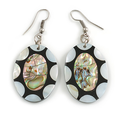 55mm L/Silver/Black/Abalone Oval Shape Sea Shell Earrings/Handmade/ Slight Variation In Colour/Natural Irregularities - main view