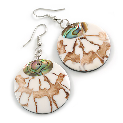 50mm L/White/Natural/Abalone Round Shape Sea Shell Earrings/Handmade/ Slight Variation In Colour/Natural Irregularities - main view