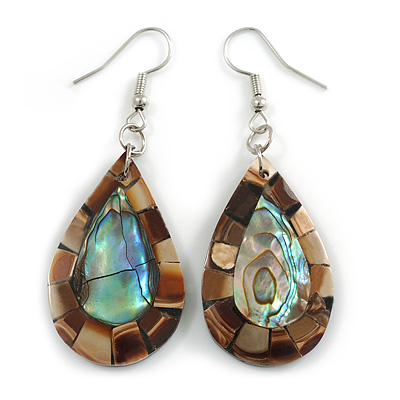 Brown/Natural/Abalone Colours Teardrop Shape Sea Shell Earrings/Handmade/Slight Variation In Colour/Natural Irregularities/60mm Long - main view