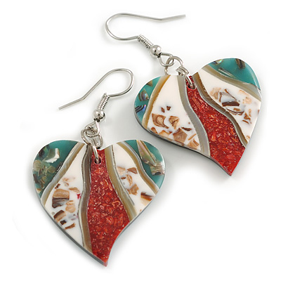 50mm L/Teal/Red/White Heart Shape Sea Shell Earrings/Handmade/ Slight Variation In Colour/Natural Irregularities - main view